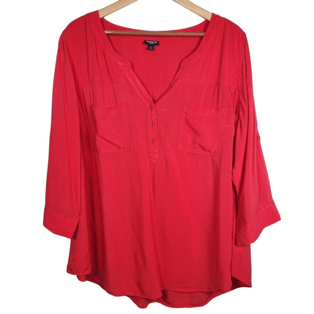 Torrid Women's Red Popover Top Blouse with Roll Tab Sleeves Size 2